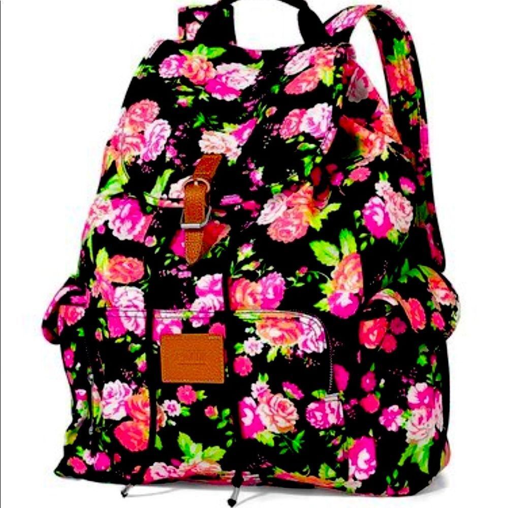 Victoria’s Secret vs pink neon floral campus slouch backpack everyday vintage